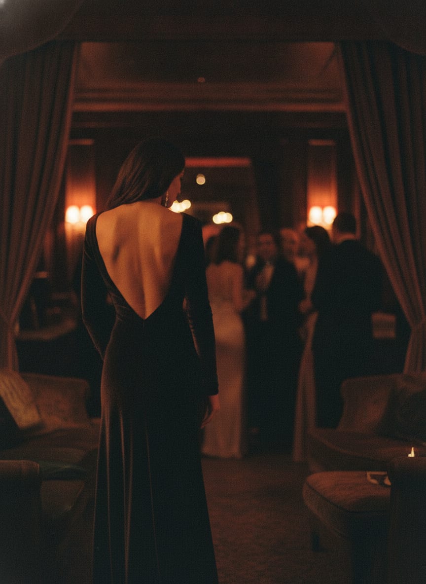 Dos nu d’une femme en robe du soir à dos échancré, lumière faible