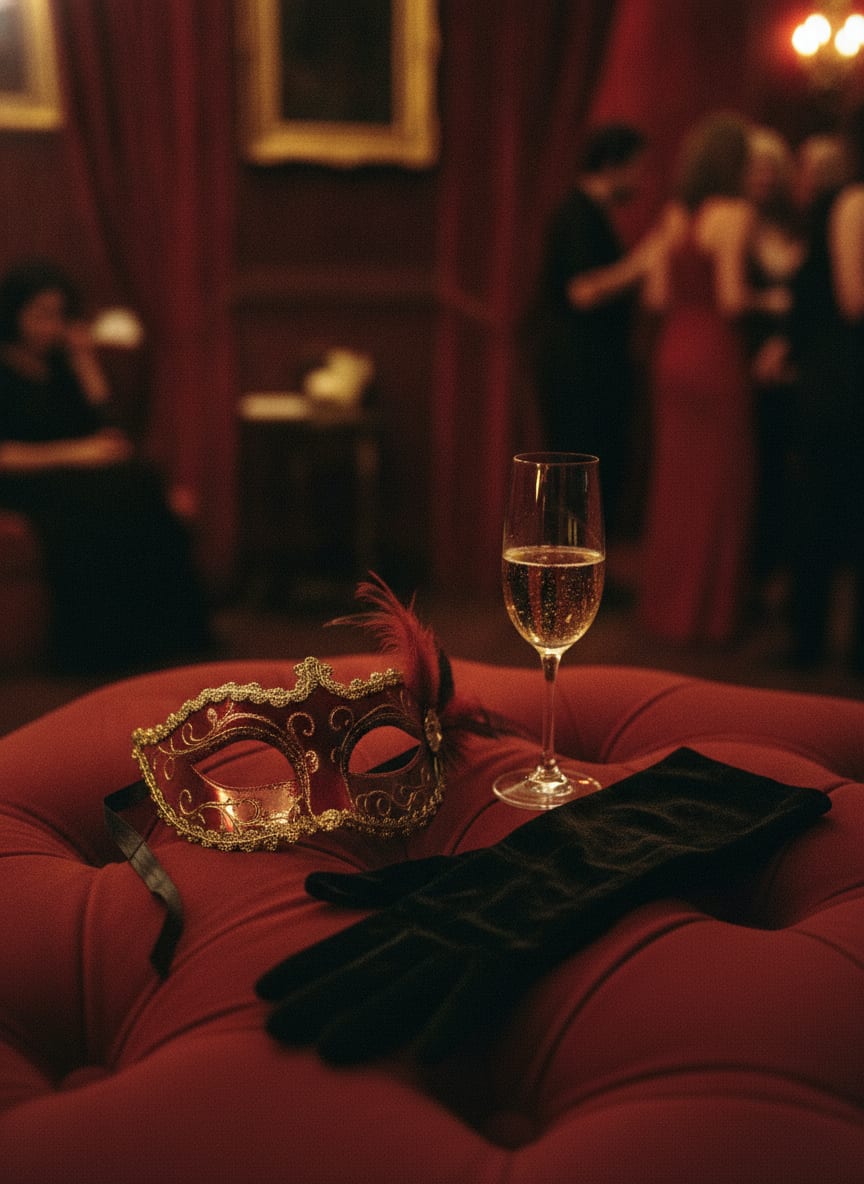 Vue du dessus d’un masque de velours, de longs gants et d’une coupe de champagne