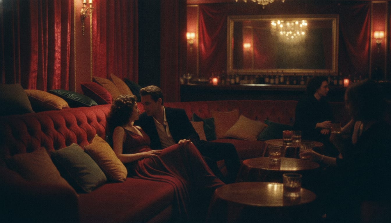 Large banquette basse avec des coussins épars sous une lumière rouge