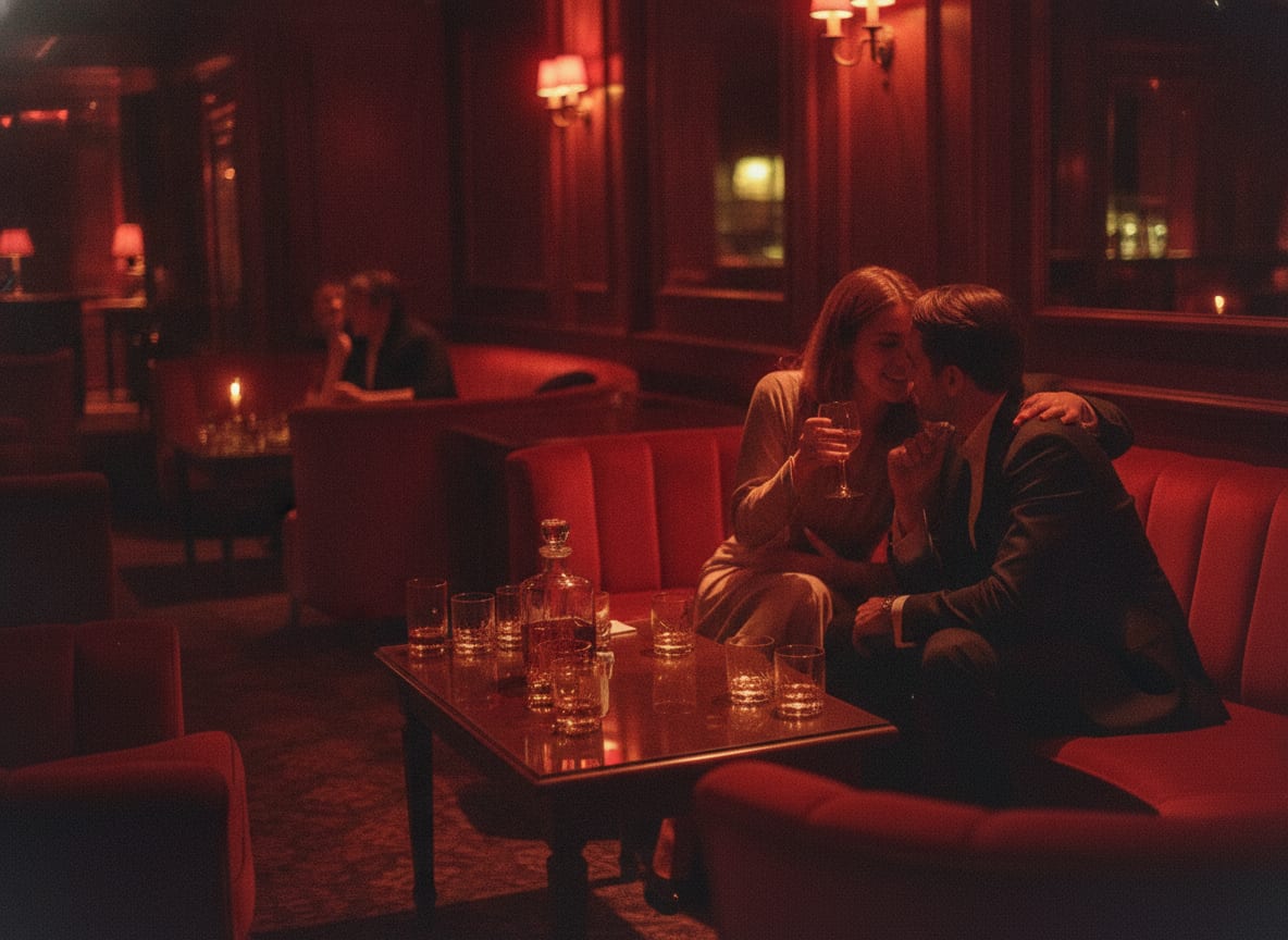 Salon de club privé avec banquettes de velours, lumière rouge basse, verres sur une table basse